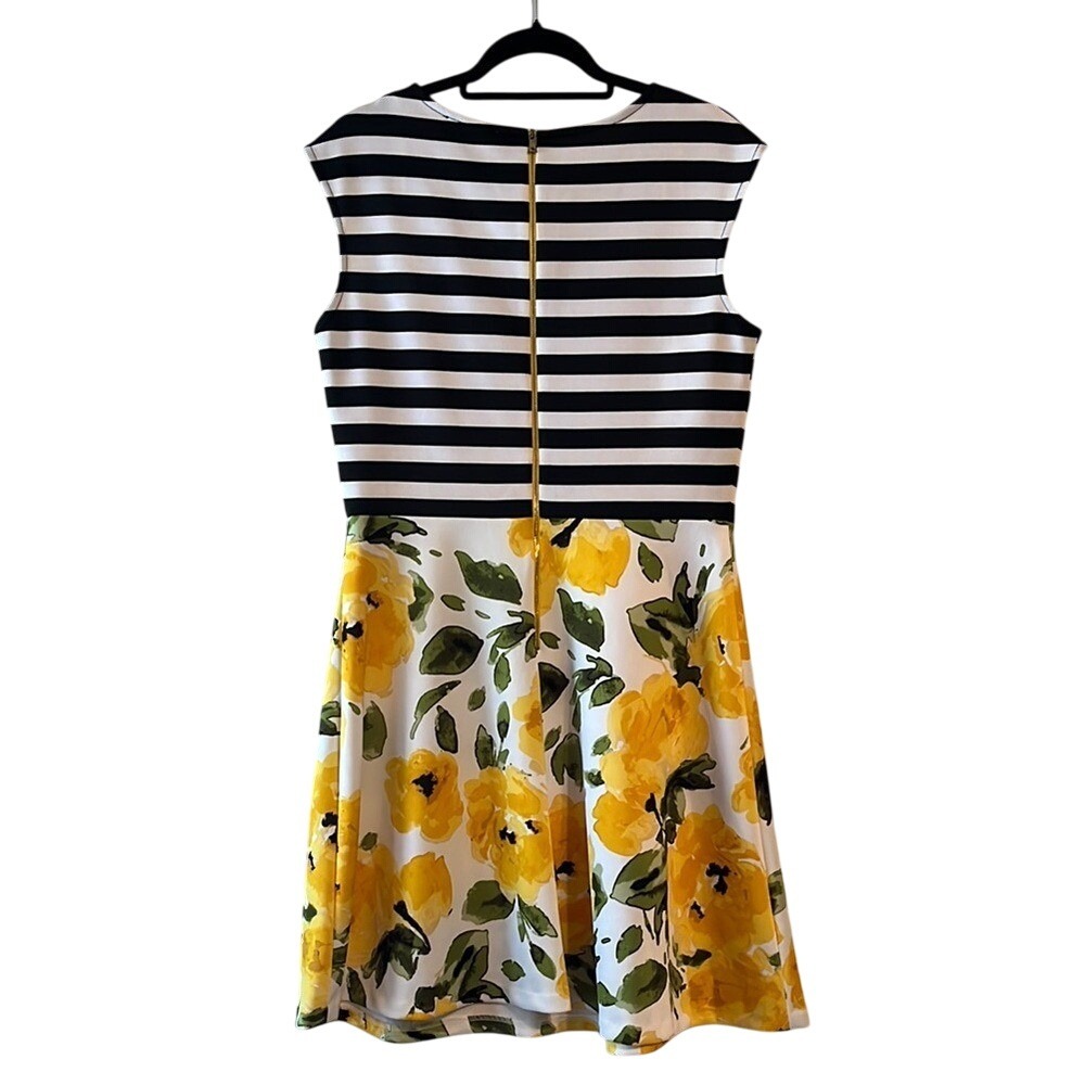 Sandra Darren Mixed Print Striped Yellow Rose Floral Fit and Flare Mini Dress - Picture 2 of 8